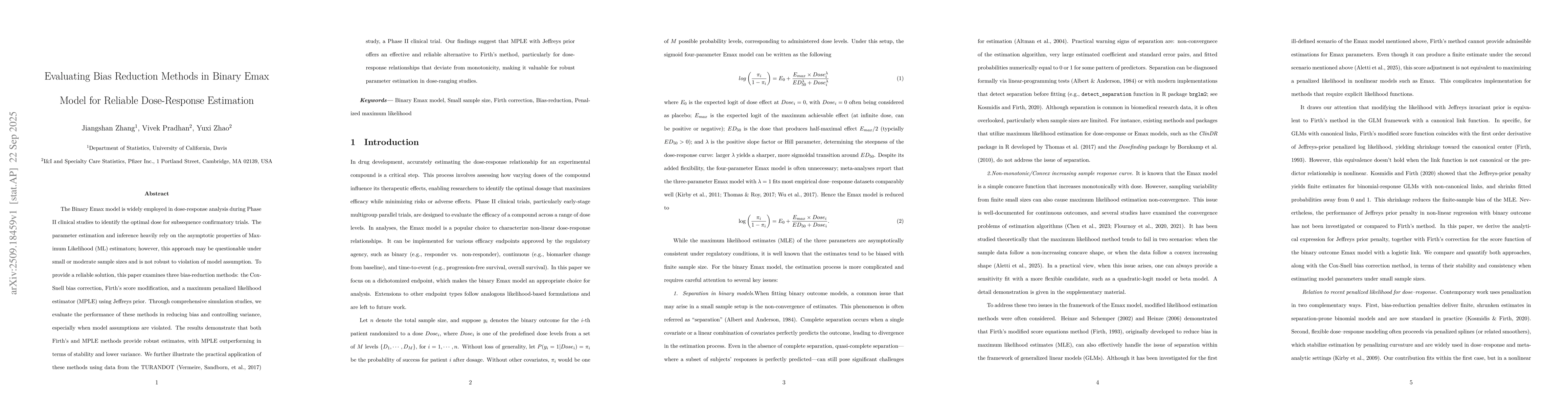 Thumbnail for Evaluating Bias Reduction Methods in Binary Emax Model for Reliable
  Dose-Response Estimation