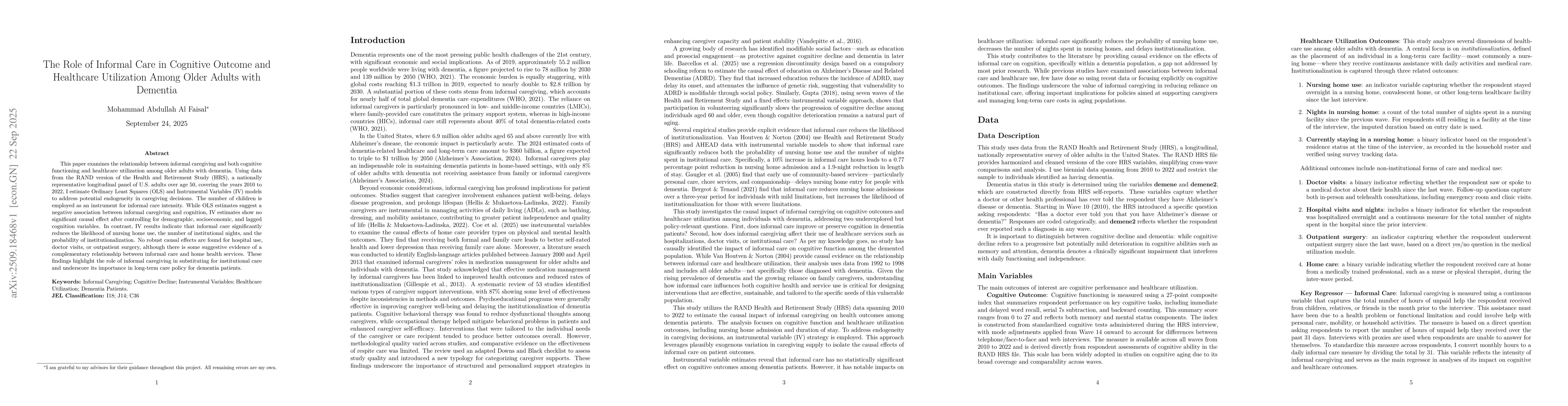 Thumbnail for The Role of Informal Care in Cognitive Outcome and Healthcare
  Utilization Among Older Adults with Dementia