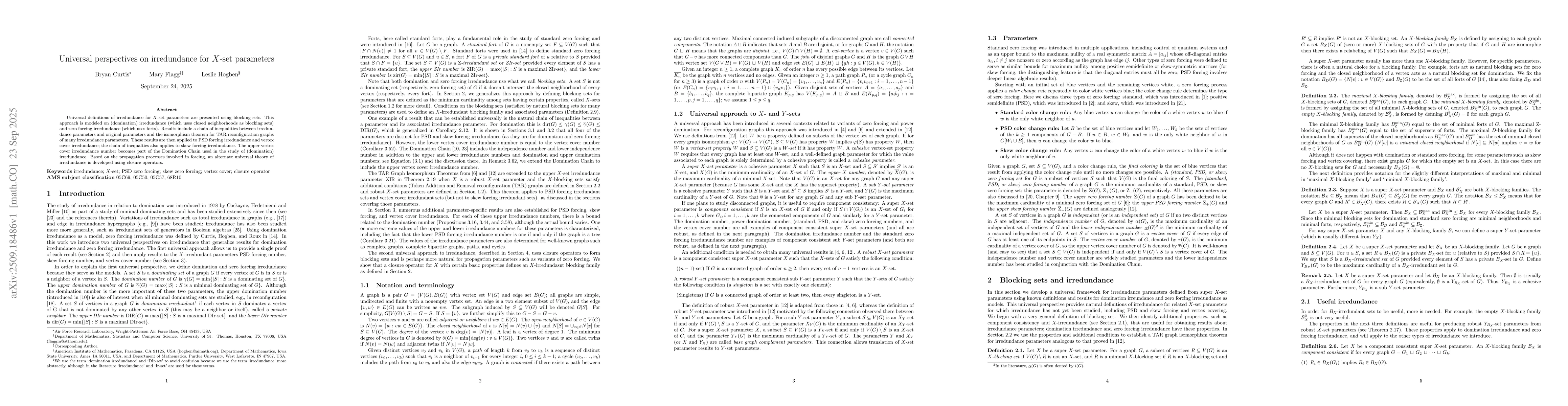 Thumbnail for Universal perspectives on irredundance for X-set parameters