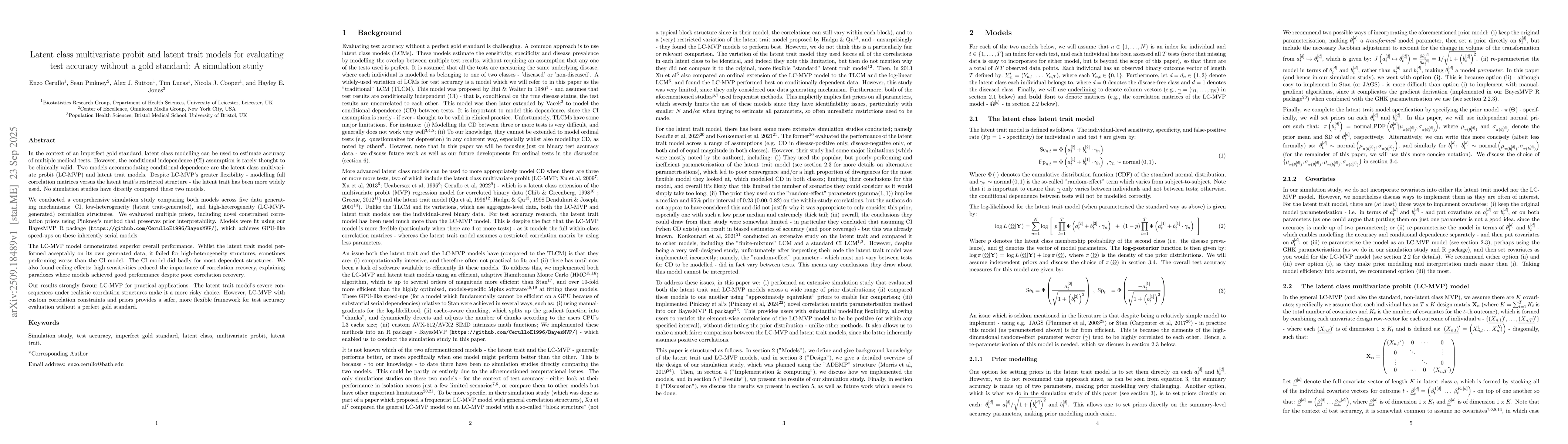 Thumbnail for Latent class multivariate probit and latent trait models for evaluating
  test accuracy without a gold standard: A simulation study