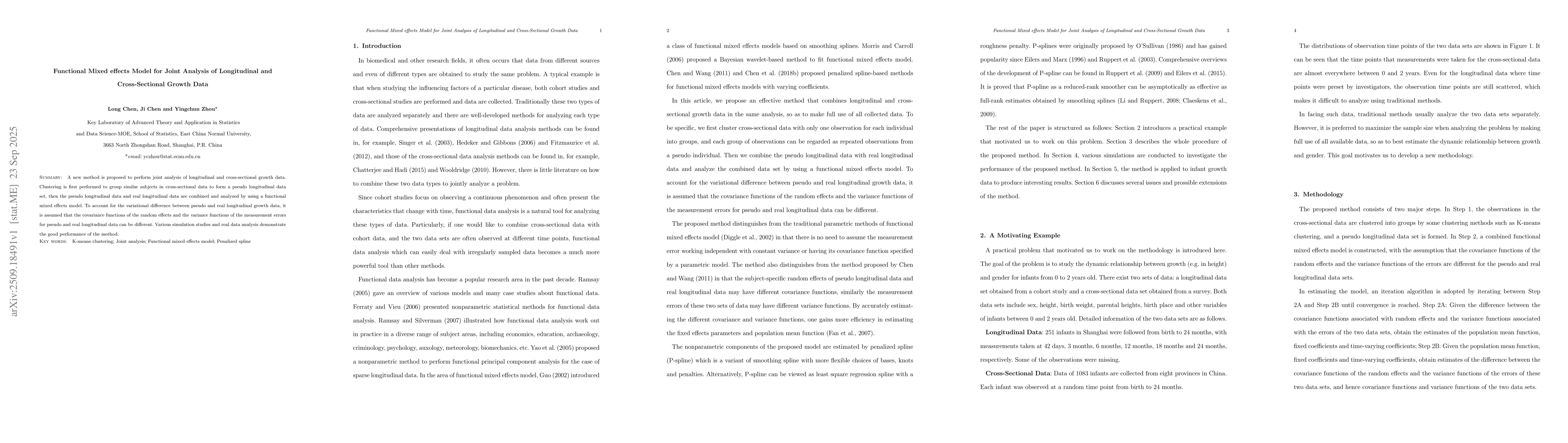 Thumbnail for Functional Mixed effects Model for Joint Analysis of Longitudinal and
  Cross-Sectional Growth Data