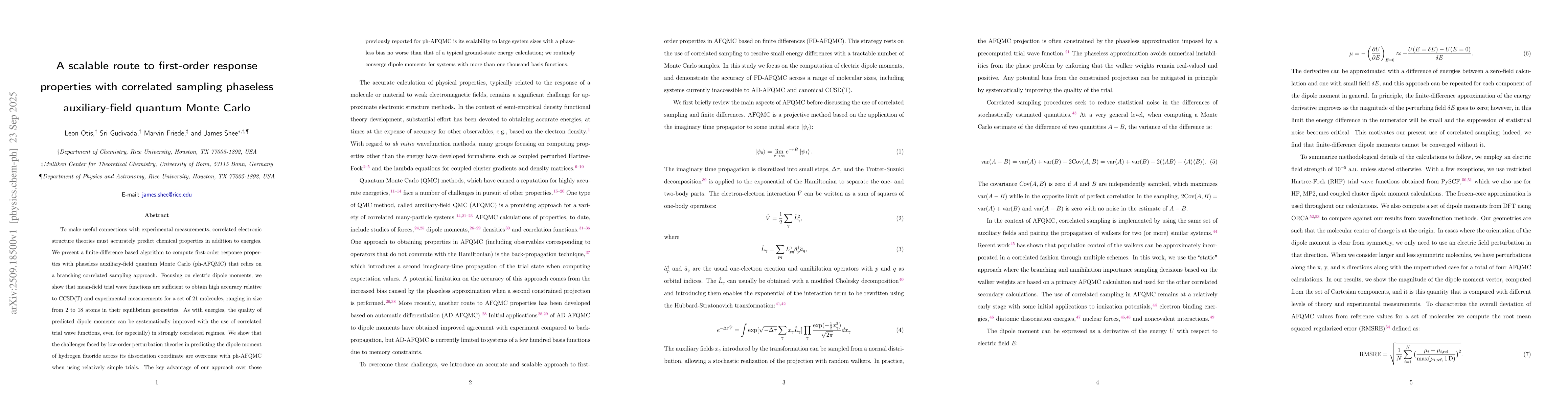 Thumbnail for A scalable route to first-order response properties with correlated
  sampling phaseless auxiliary-field quantum Monte Carlo
