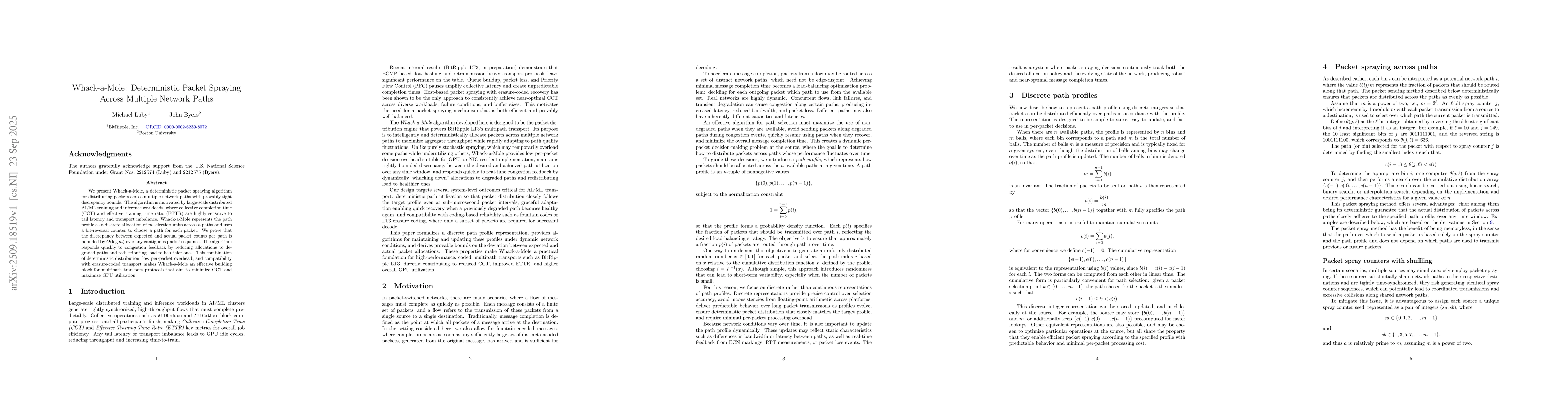 Thumbnail for Whack-a-Mole: Deterministic Packet Spraying Across Multiple Network
  Paths