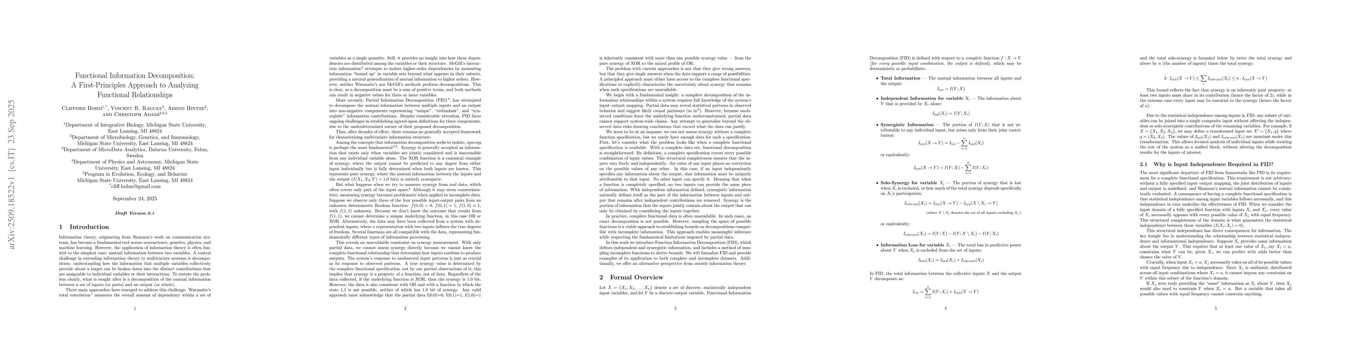 Thumbnail for Functional Information Decomposition: A First-Principles Approach to
  Analyzing Functional Relationships