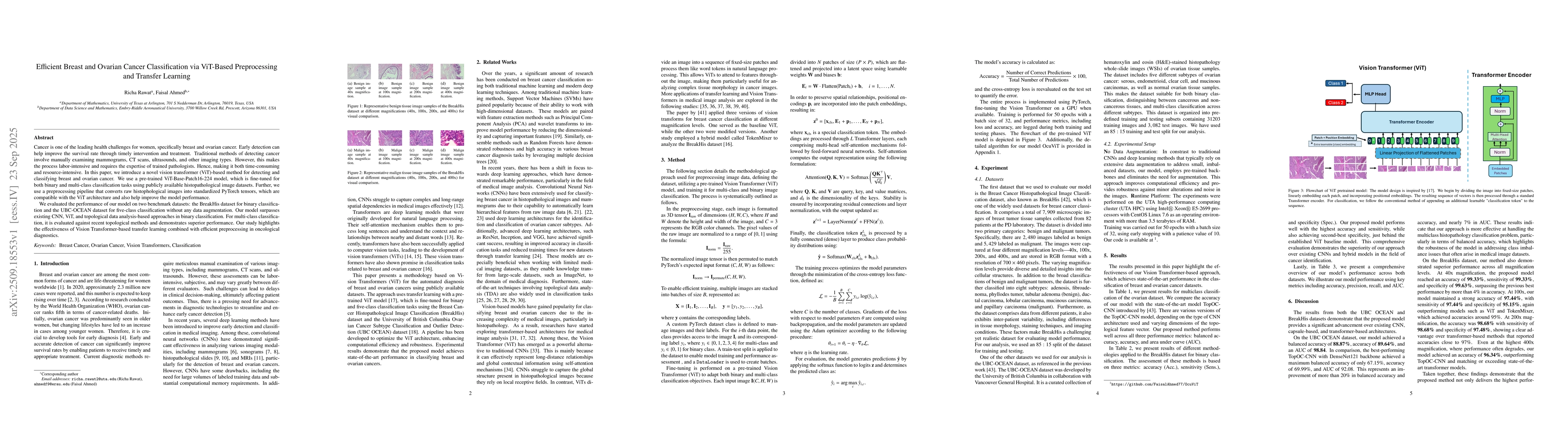 Thumbnail for Efficient Breast and Ovarian Cancer Classification via ViT-Based
  Preprocessing and Transfer Learning