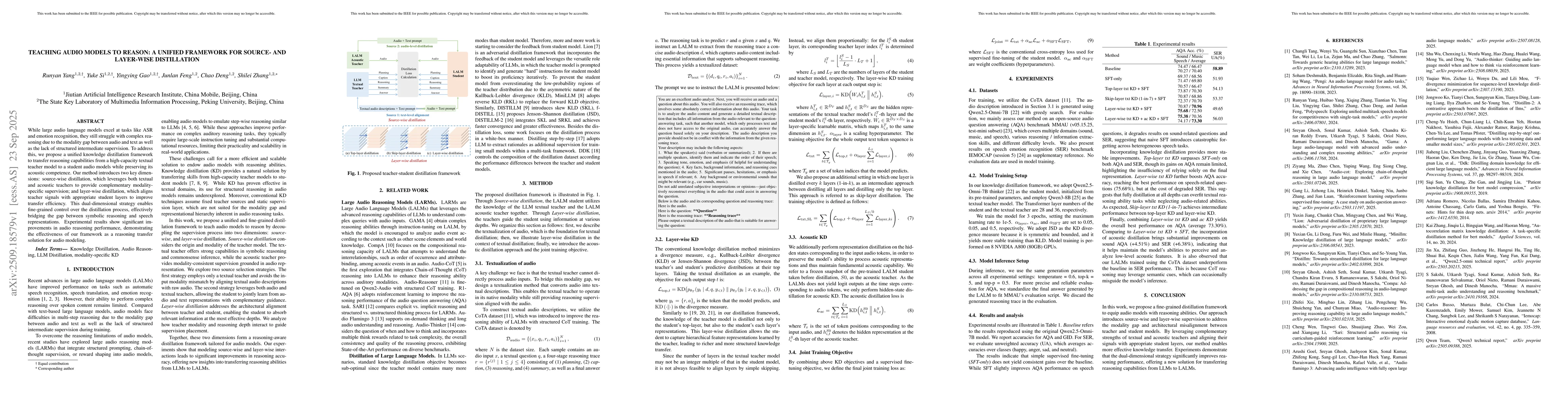 Thumbnail for Teaching Audio Models to Reason: A Unified Framework for Source- and
  Layer-wise Distillation