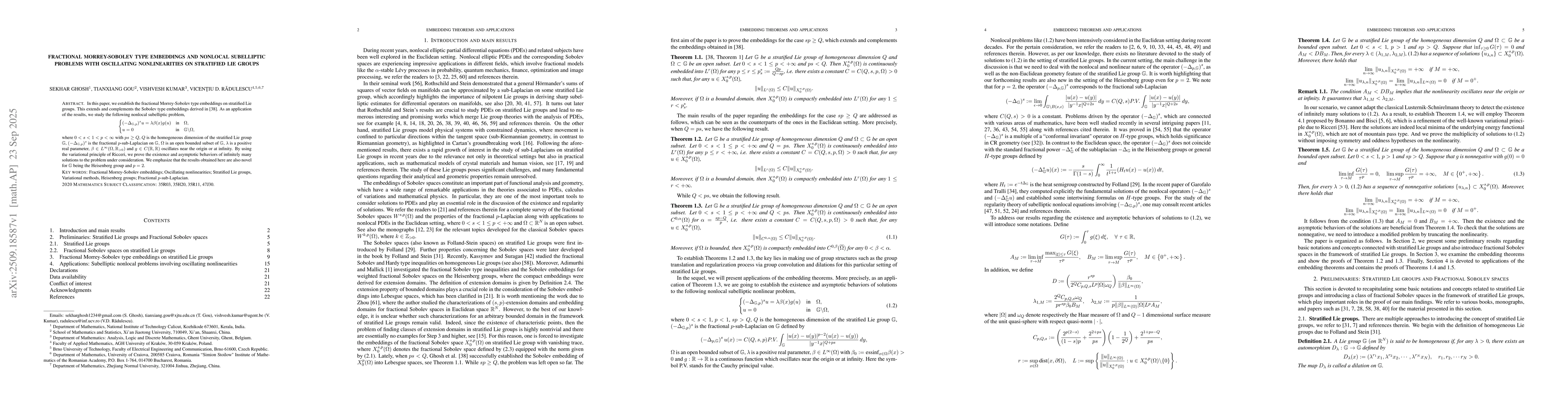 Thumbnail for Fractional Morrey-Sobolev type embeddings and nonlocal subelliptic
  problems with oscillating nonlinearities on stratified Lie groups