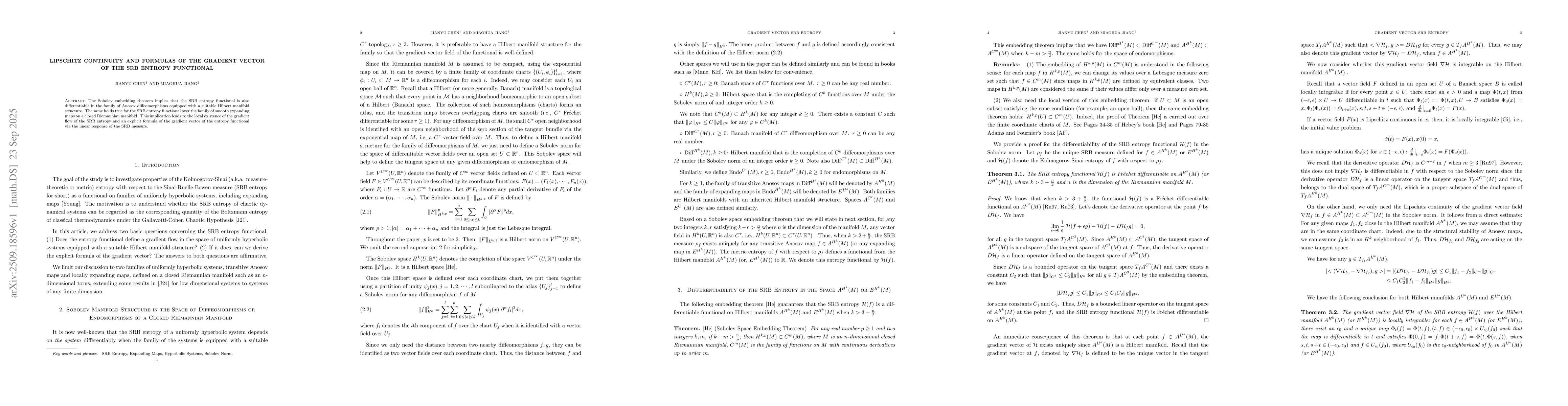 Thumbnail for Lipschitz Continuity and Formulas of the Gradient Vector of the SRB
  Entropy Functional