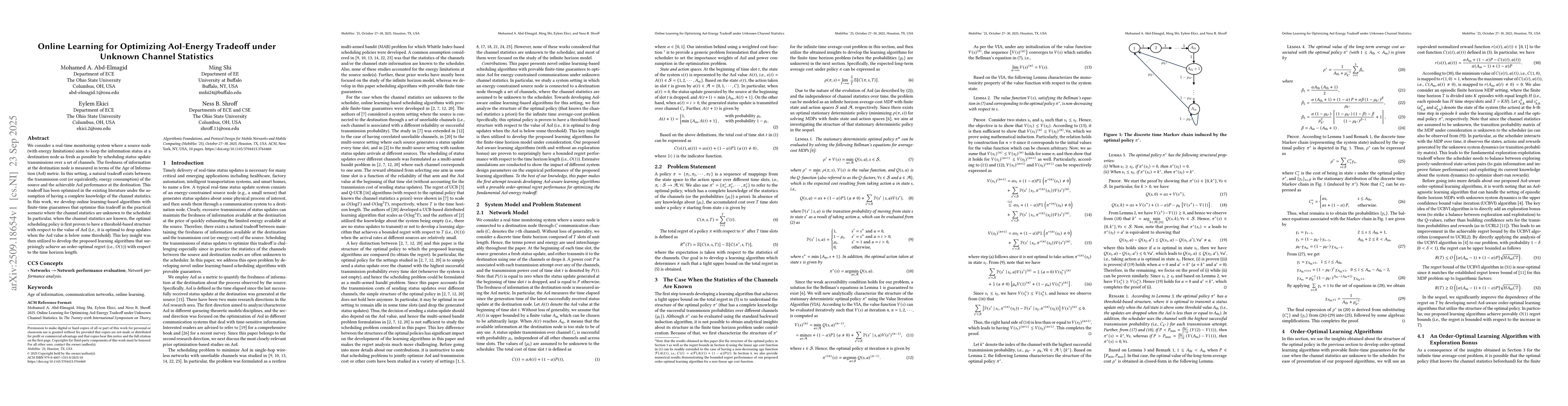 Thumbnail for Online Learning for Optimizing AoI-Energy Tradeoff under Unknown Channel
  Statistics