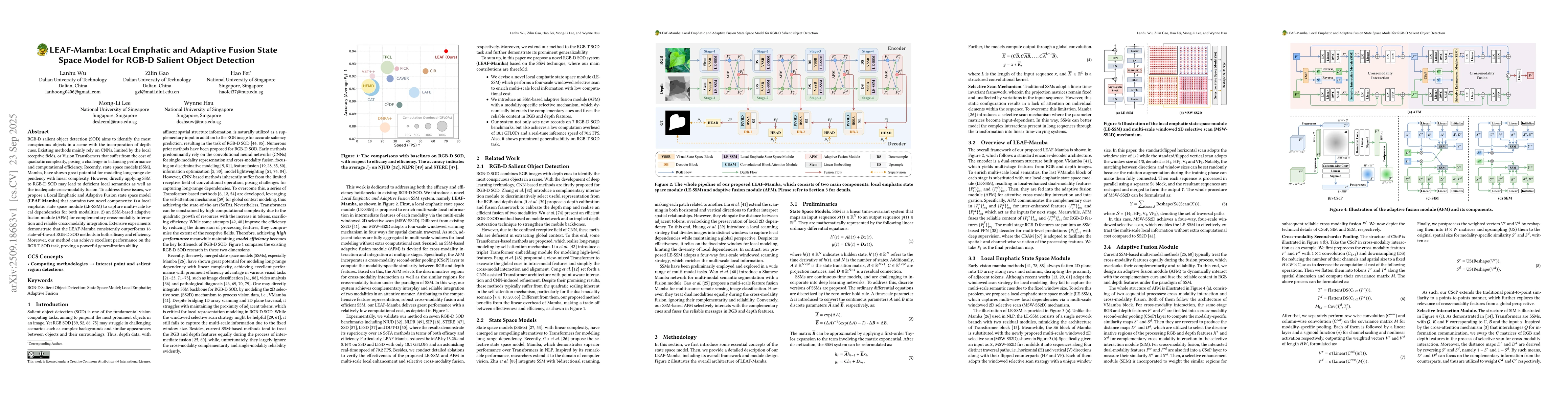 Thumbnail for LEAF-Mamba: Local Emphatic and Adaptive Fusion State Space Model for
  RGB-D Salient Object Detection