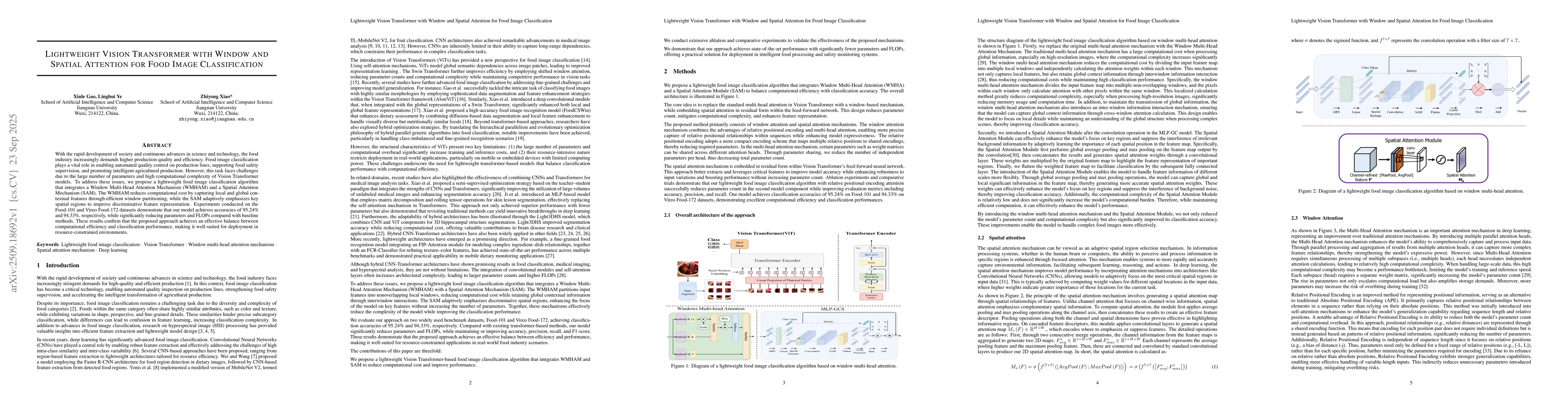 Thumbnail for Lightweight Vision Transformer with Window and Spatial Attention for
  Food Image Classification