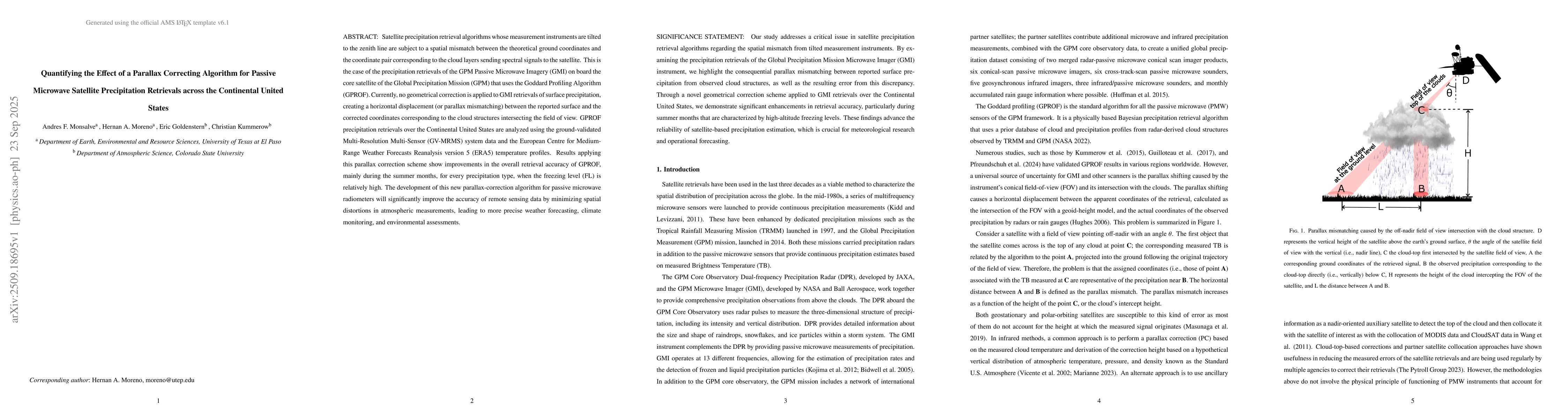 Thumbnail for Quantifying the Effect of a Parallax Correcting Algorithm for Passive
  Microwave Satellite Precipitation Retrievals across the Continental United
  States