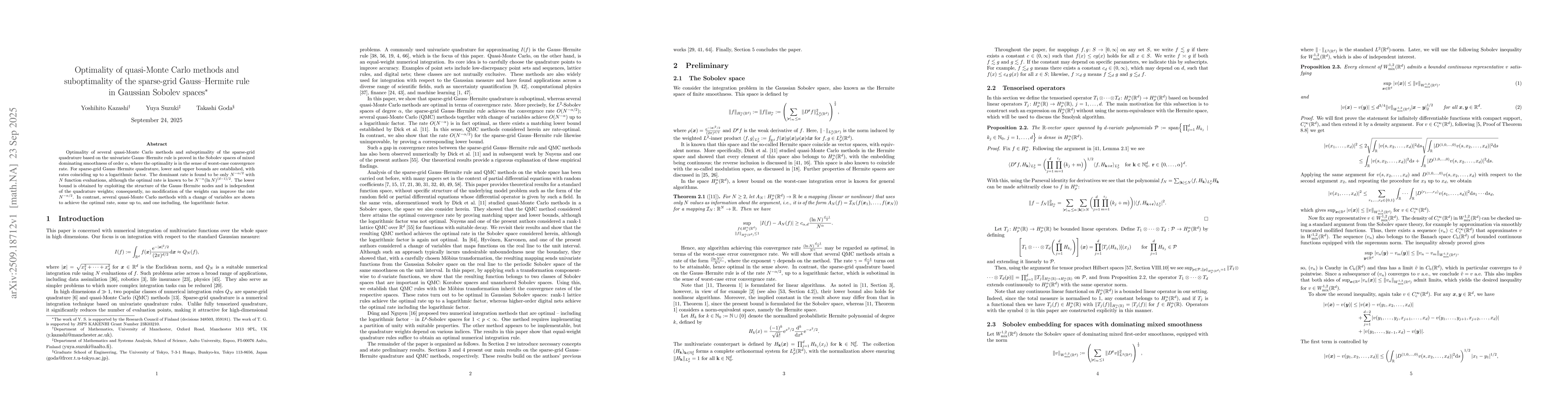 Thumbnail for Optimality of quasi-Monte Carlo methods and suboptimality of the
  sparse-grid Gauss--Hermite rule in Gaussian Sobolev spaces