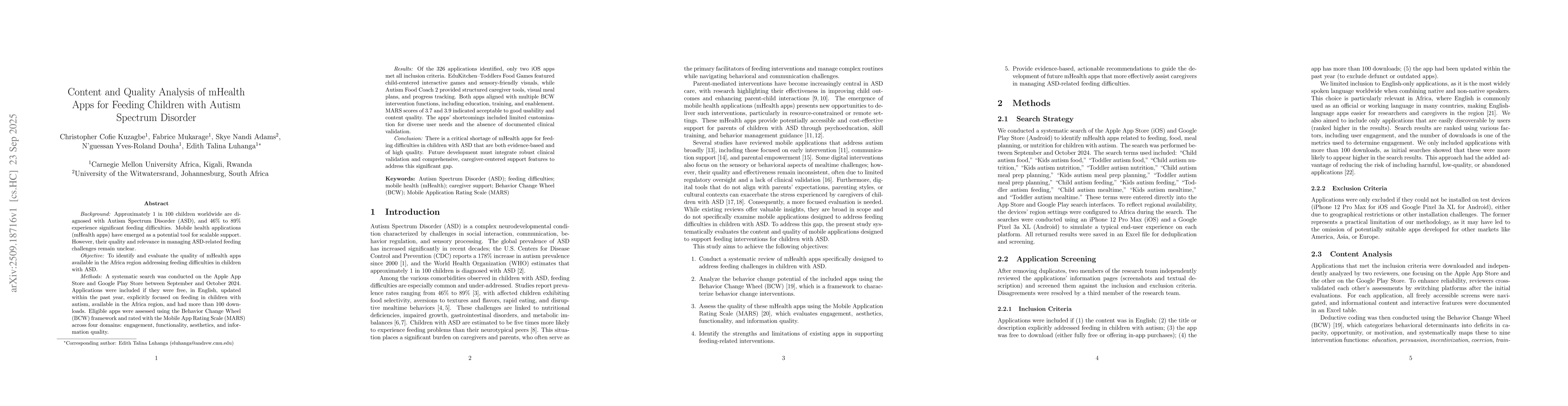 Thumbnail for Content and Quality Analysis of mHealth Apps for Feeding Children with
  Autism Spectrum Disorder