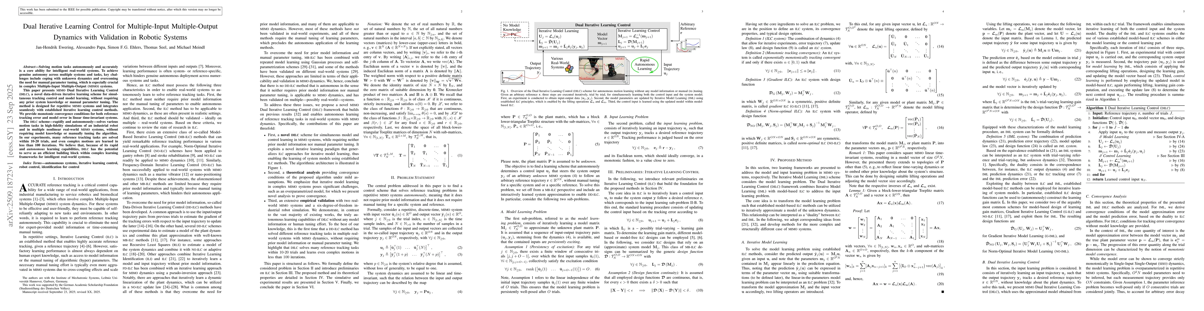 Thumbnail for Dual Iterative Learning Control for Multiple-Input Multiple-Output
  Dynamics with Validation in Robotic Systems