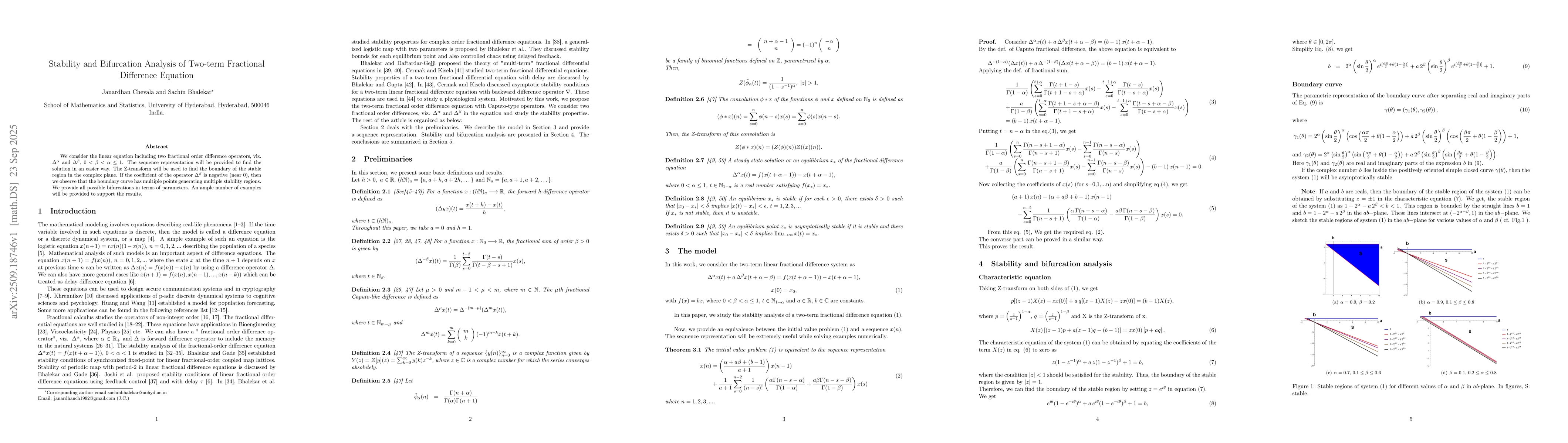Thumbnail for Stability and Bifurcation Analysis of Two-term Fractional Difference
  Equation