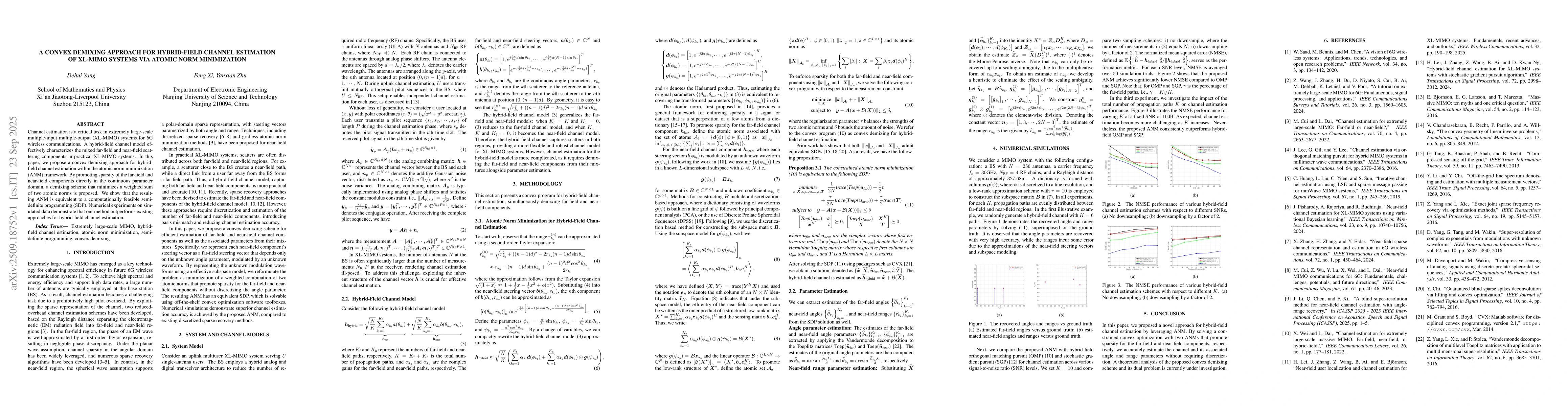Thumbnail for A Convex Demixing Approach for Hybrid-Field Channel Estimation of
  XL-MIMO Systems via Atomic Norm Minimization