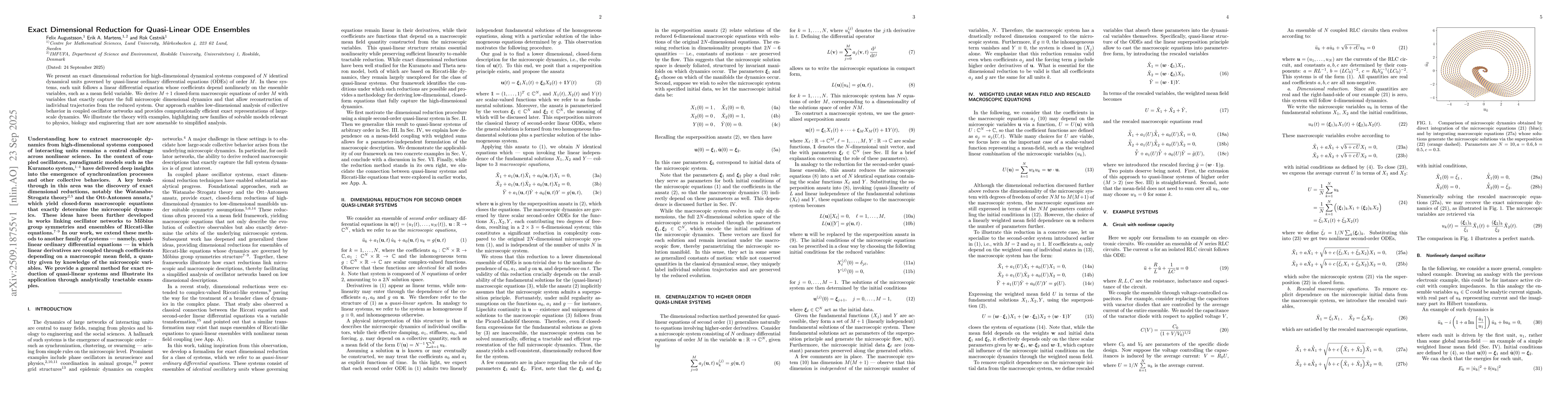 Thumbnail for Exact Dimensional Reduction for Quasi-Linear ODE Ensembles