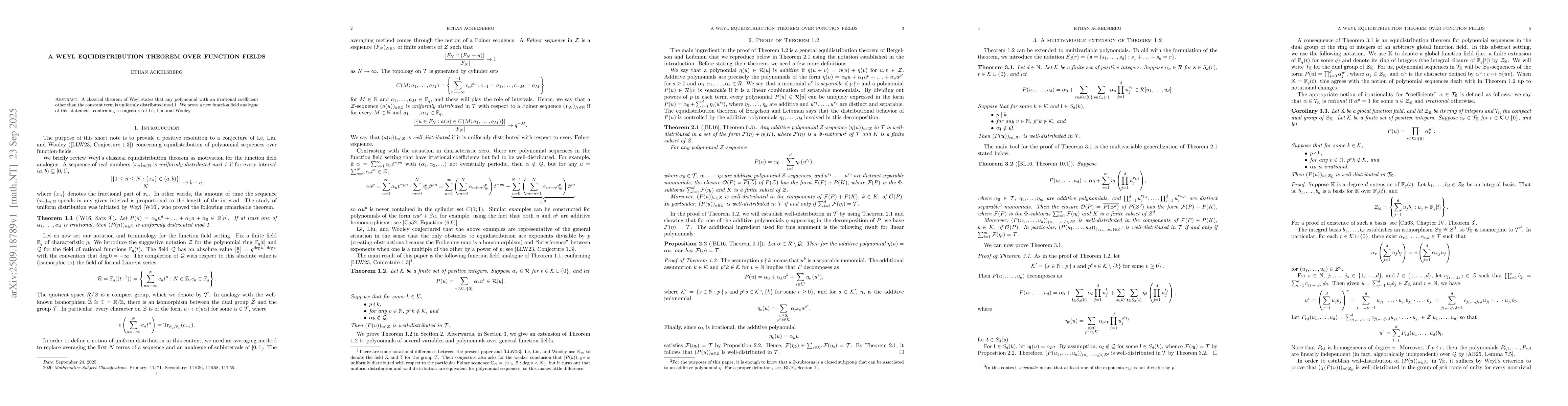 Thumbnail for A Weyl equidistribution theorem over function fields