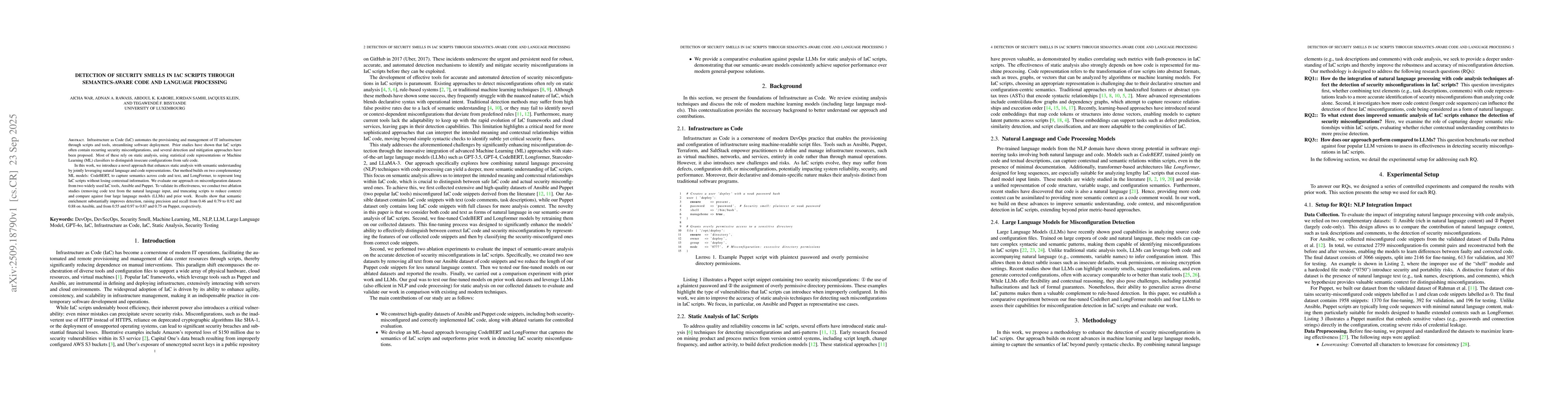 Thumbnail for Detection of security smells in IaC scripts through semantics-aware code
  and language processing
