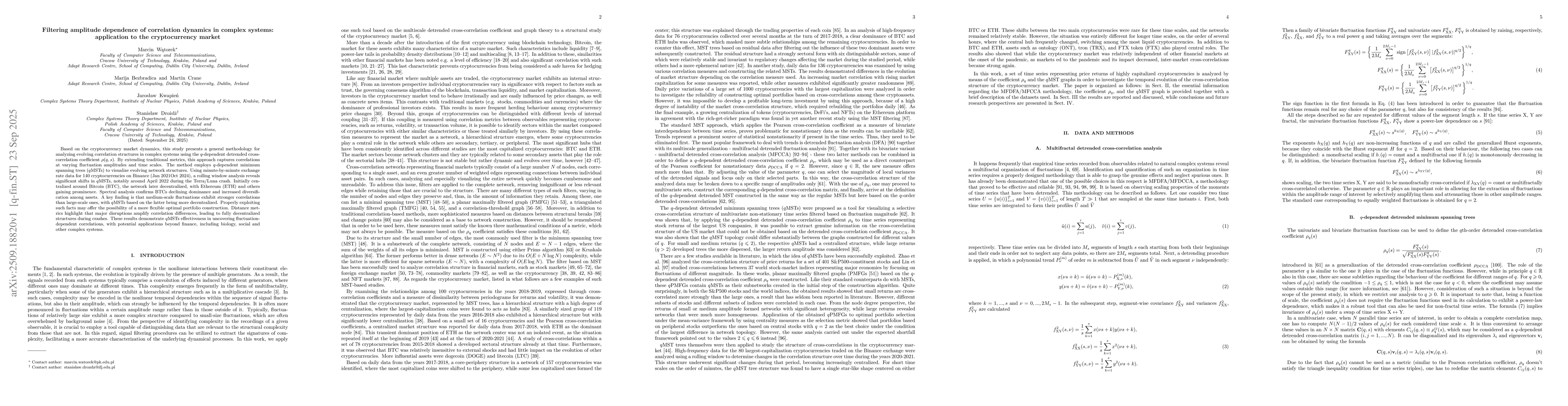 Thumbnail for Filtering amplitude dependence of correlation dynamics in complex
  systems: application to the cryptocurrency market