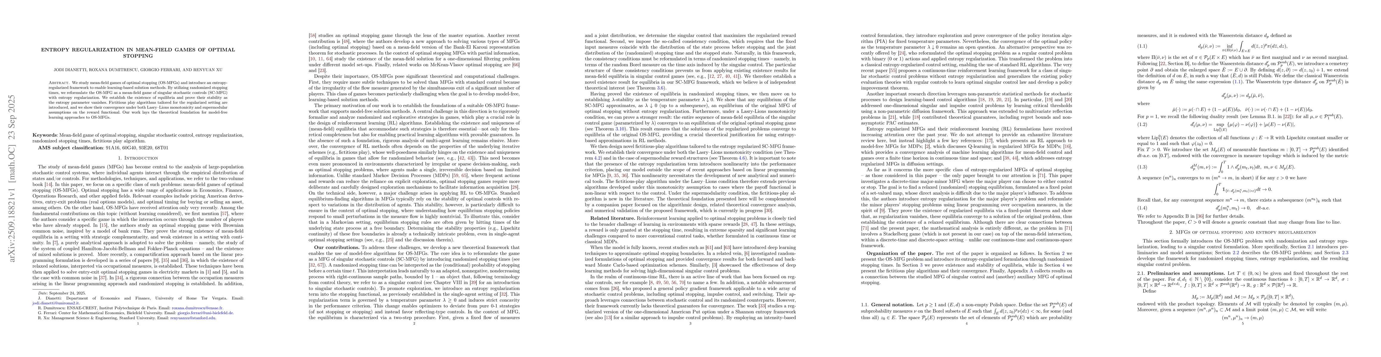 Thumbnail for Entropy Regularization in Mean-Field Games of Optimal Stopping