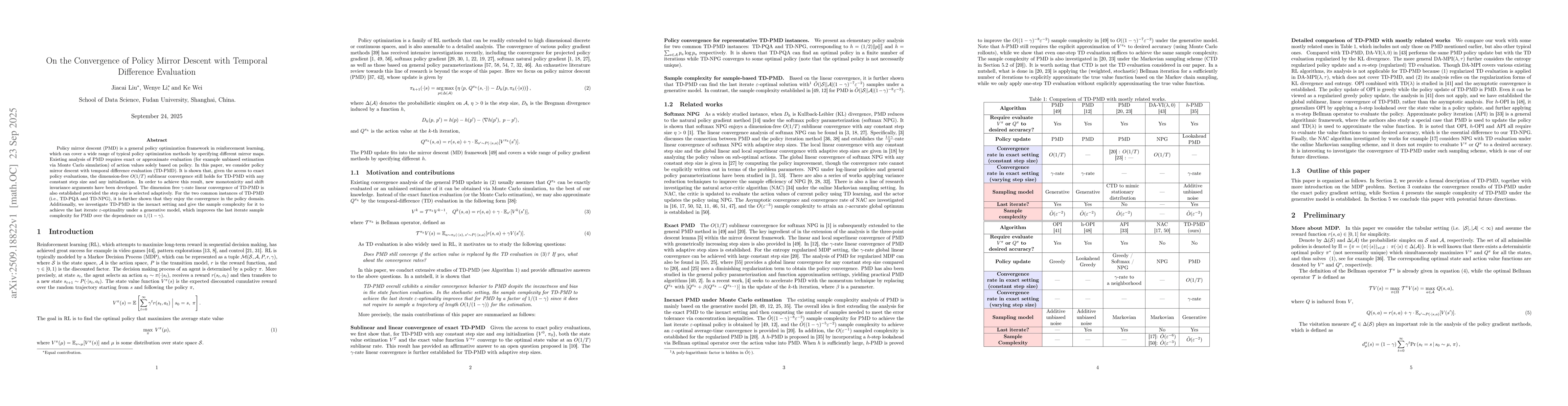Thumbnail for On the Convergence of Policy Mirror Descent with Temporal Difference
  Evaluation