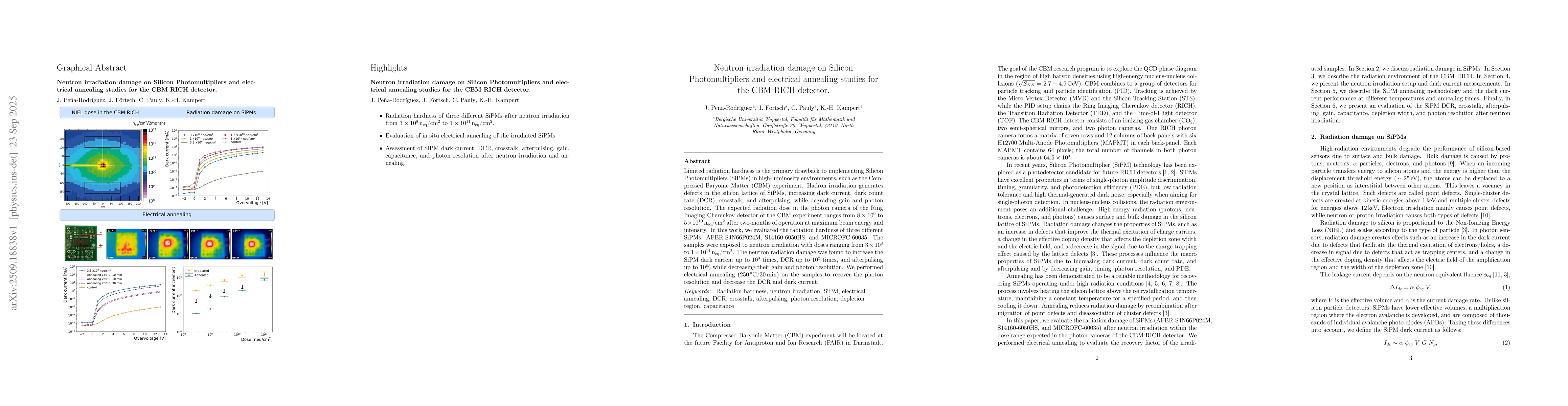 Thumbnail for Neutron irradiation damage on Silicon Photomultipliers and electrical
  annealing studies for the CBM RICH detector