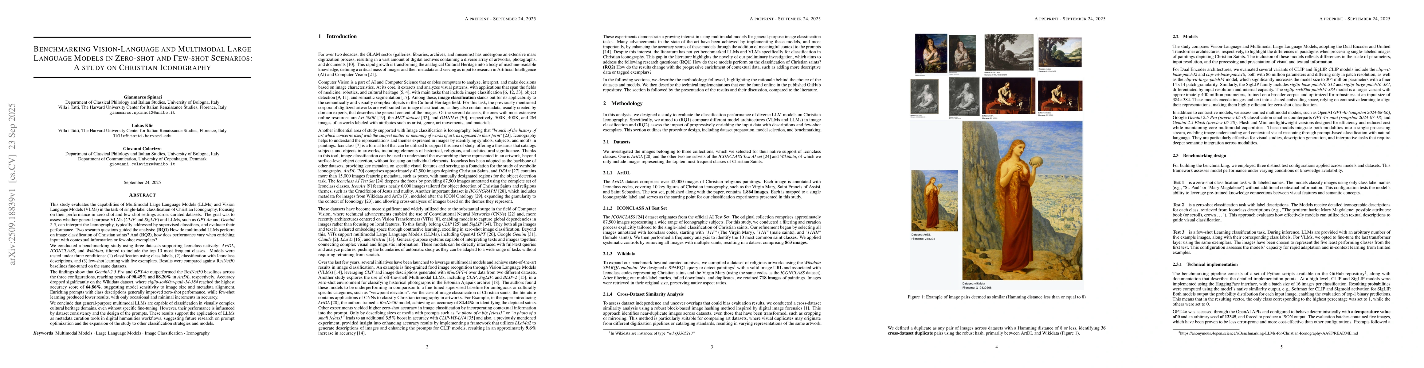 Thumbnail for Benchmarking Vision-Language and Multimodal Large Language Models in
  Zero-shot and Few-shot Scenarios: A study on Christian Iconography