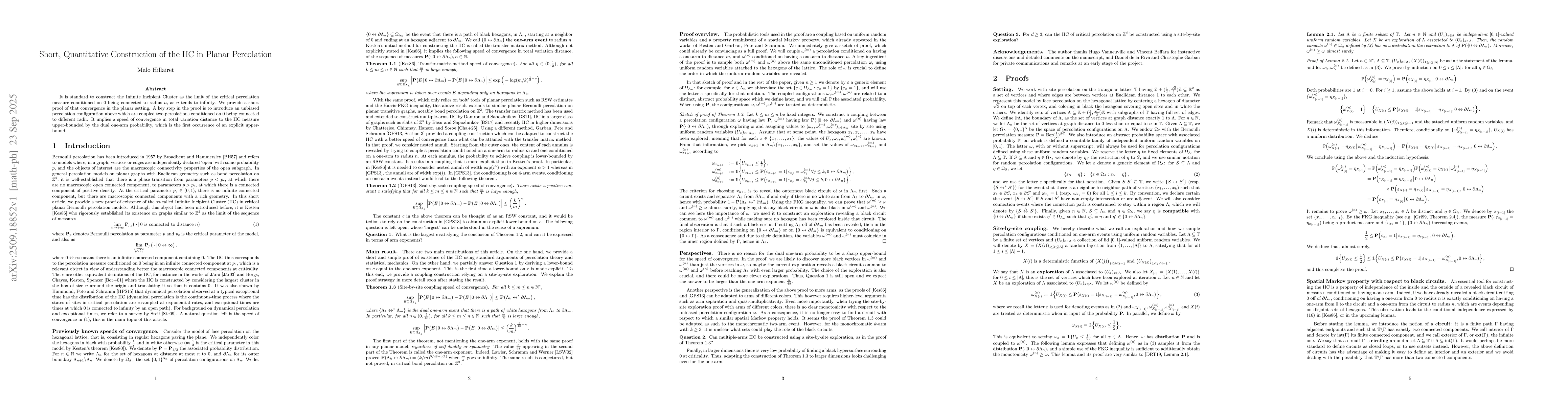 Thumbnail for Short, Quantitative Construction of the IIC in Planar Percolation