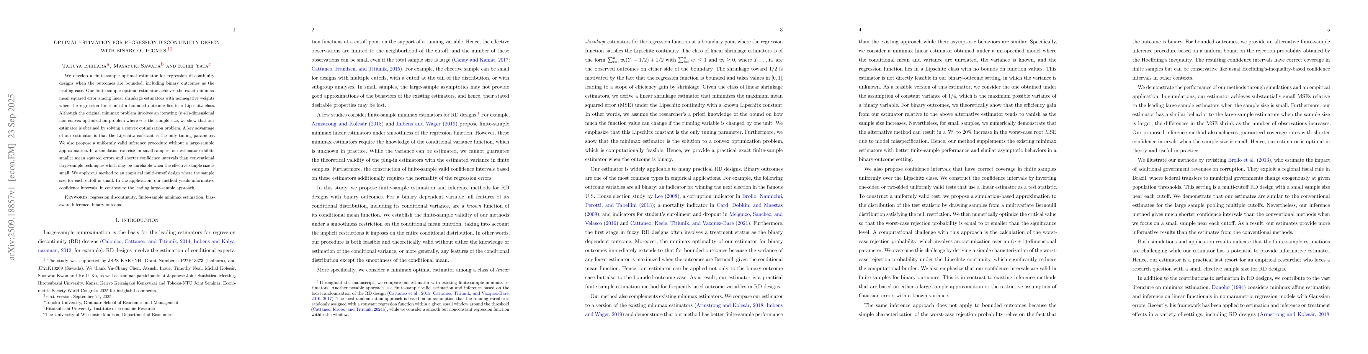Thumbnail for Optimal estimation for regression discontinuity design with binary
  outcomes