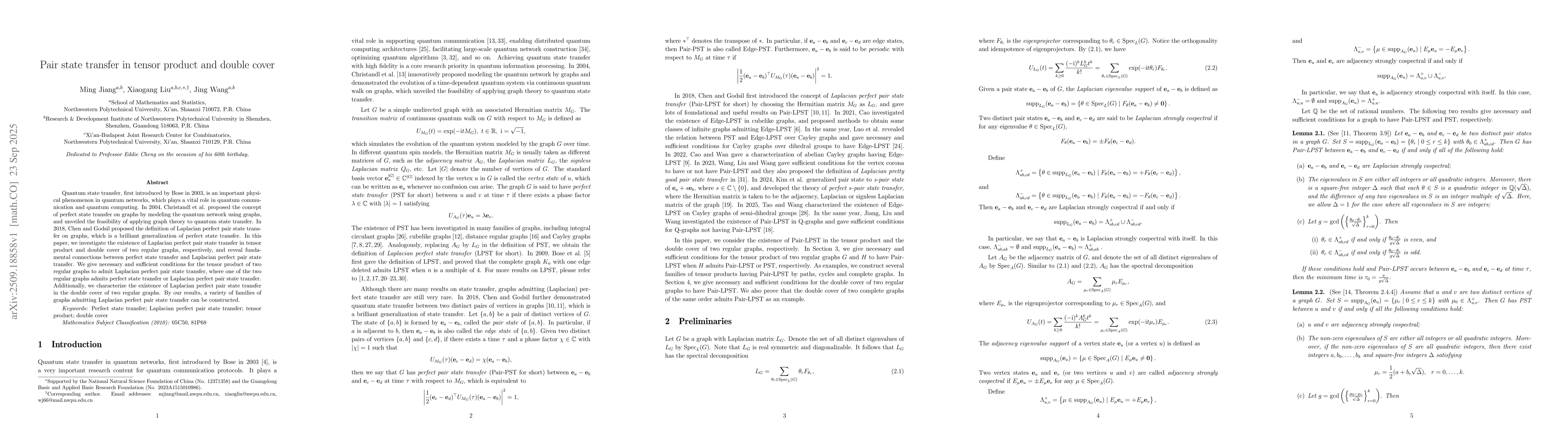 Thumbnail for Pair state transfer in tensor product and double cover