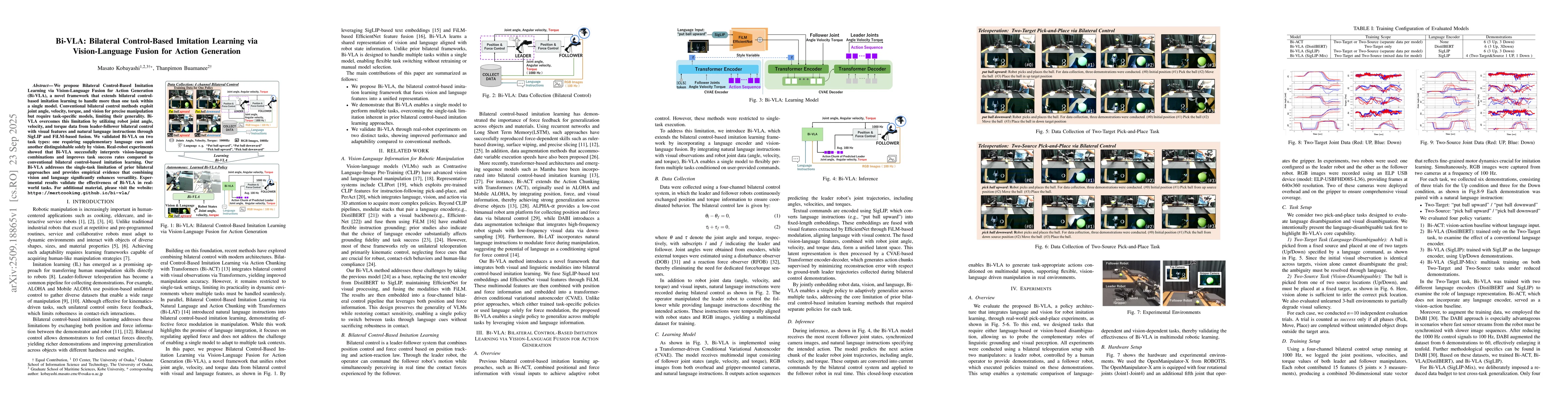 Thumbnail for Bi-VLA: Bilateral Control-Based Imitation Learning via Vision-Language
  Fusion for Action Generation
