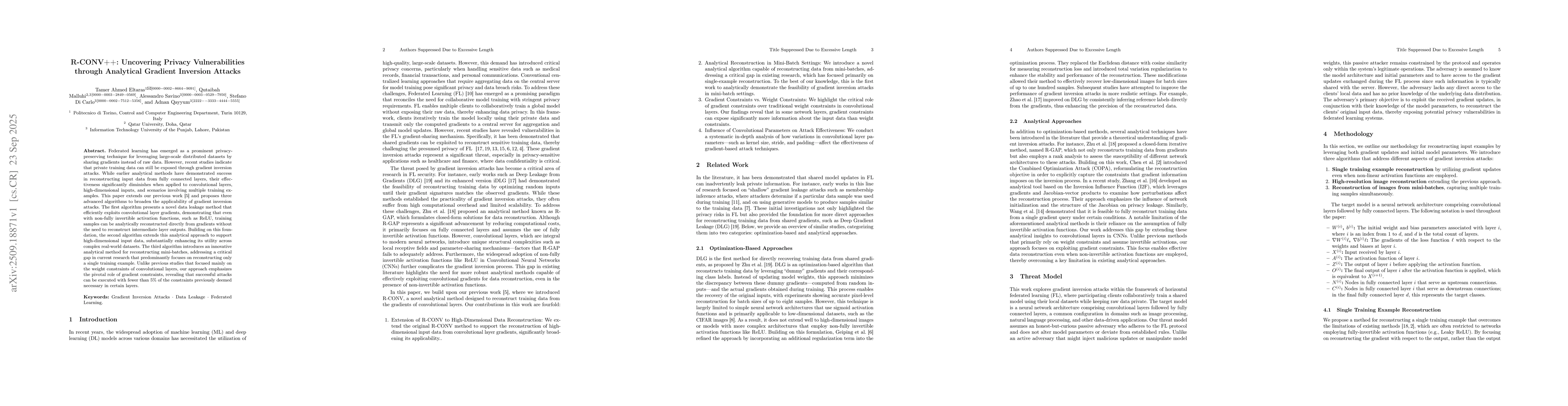 Thumbnail for R-CONV++: Uncovering Privacy Vulnerabilities through Analytical Gradient
  Inversion Attacks