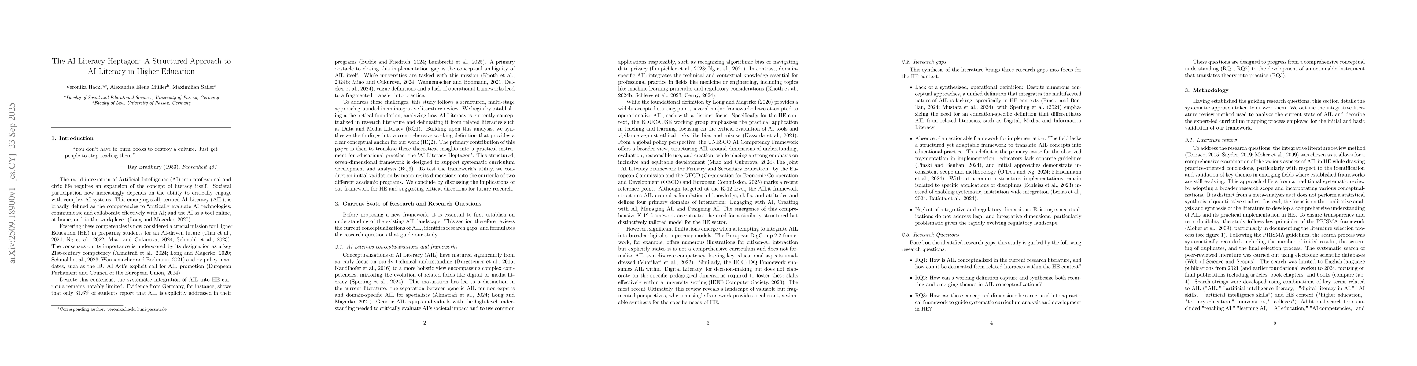 Thumbnail for The AI Literacy Heptagon: A Structured Approach to AI Literacy in Higher
  Education