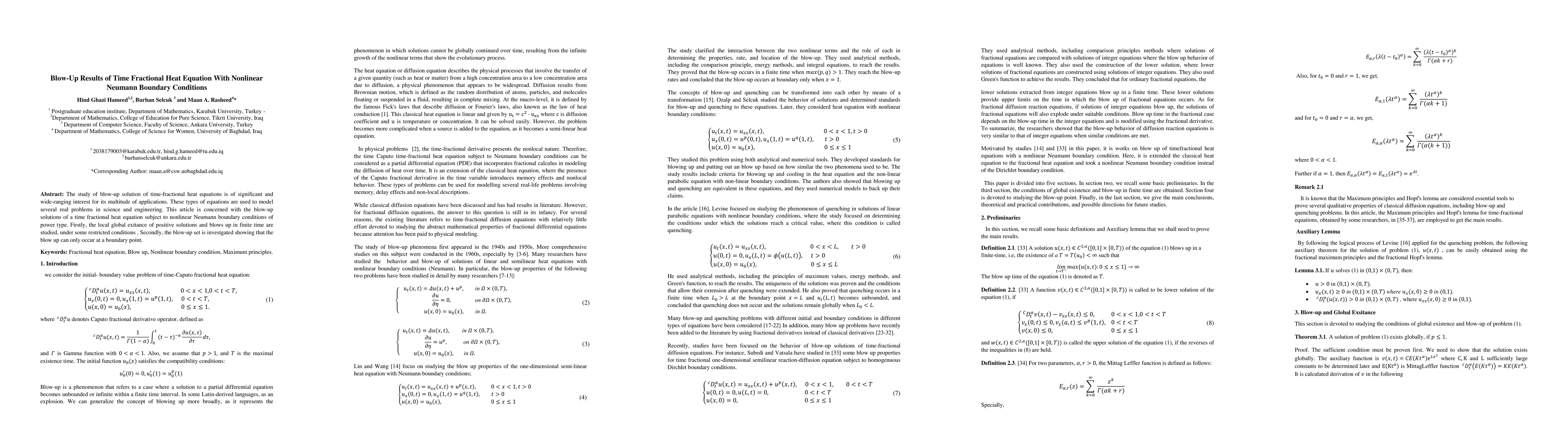 Thumbnail for Blow-Up Results of Time Fractional Heat Equation With Nonlinear Neumann
  Boundary Conditions