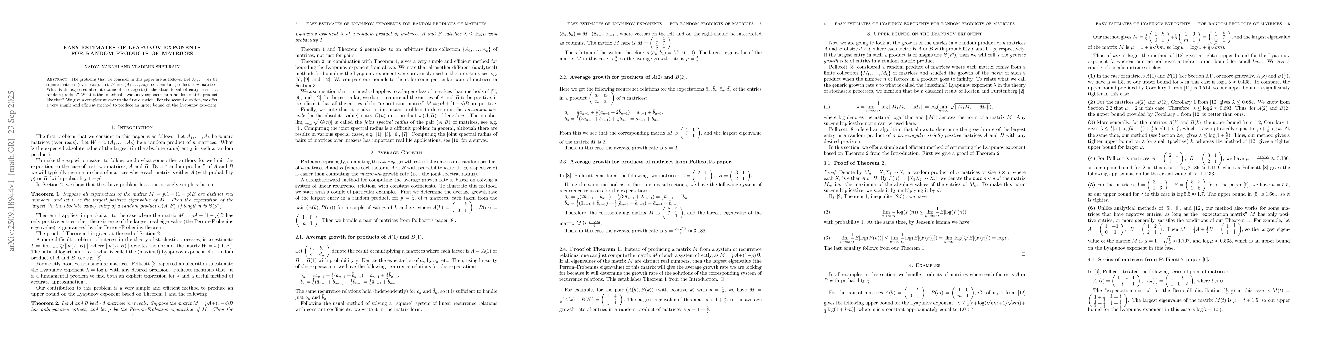 Thumbnail for Easy estimates of Lyapunov exponents for random products of matrices