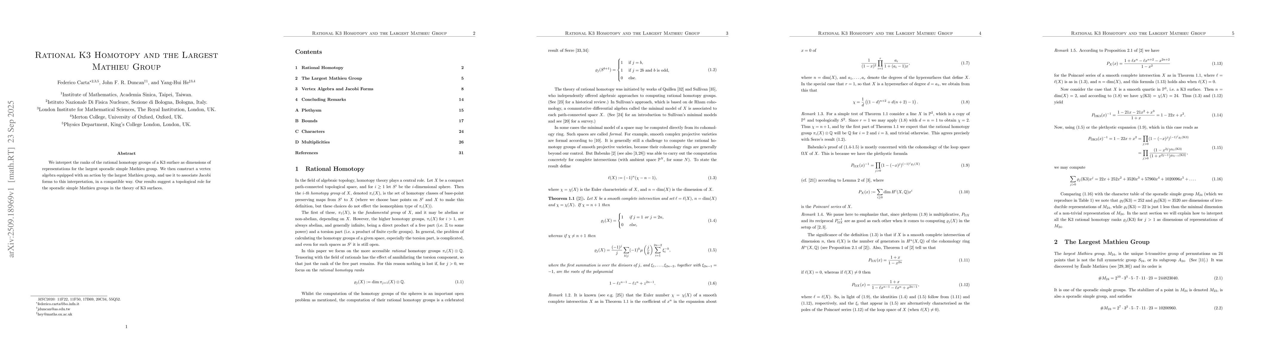 Thumbnail for Rational K3 Homotopy and the Largest Mathieu Group
