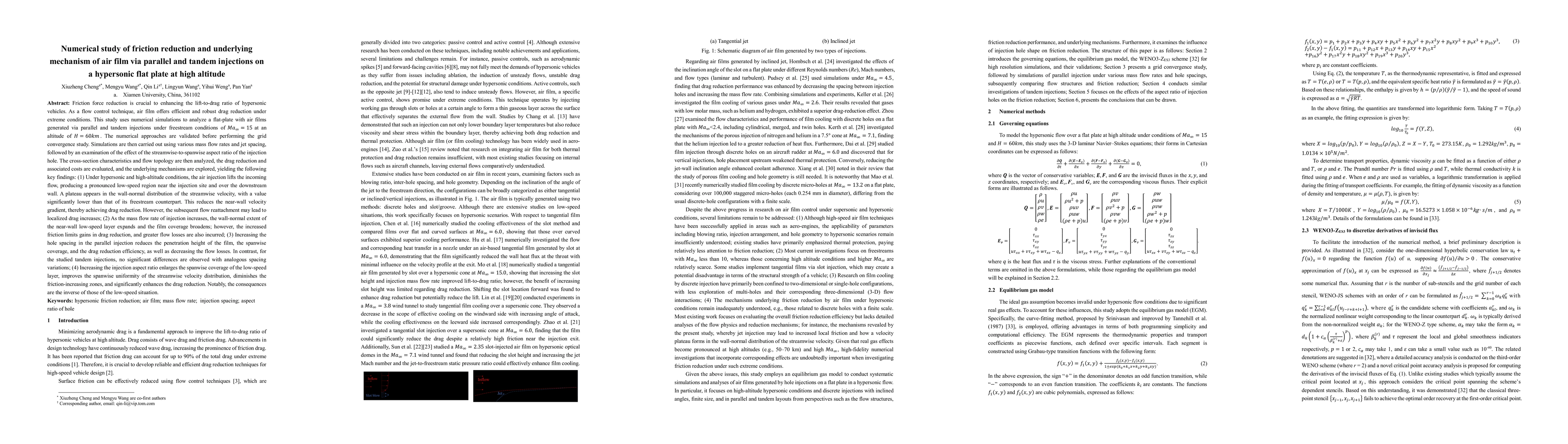 Thumbnail for Numerical study of friction reduction and underlying mechanism of air
  film via parallel and tandem injections on a hypersonic flat plate at high
  altitude