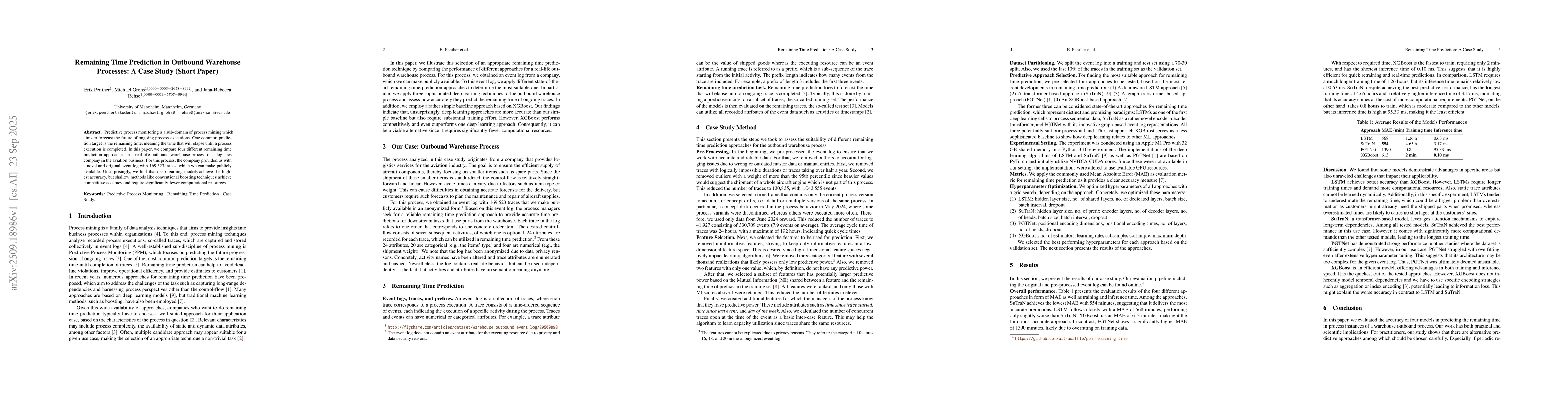 Thumbnail for Remaining Time Prediction in Outbound Warehouse Processes: A Case Study
  (Short Paper)