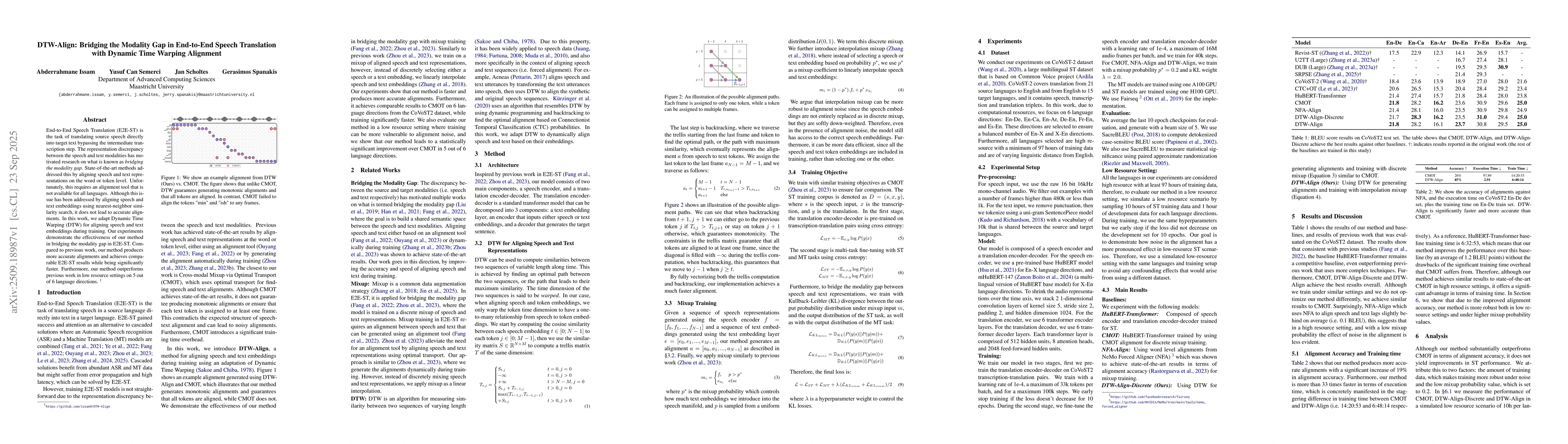 Thumbnail for DTW-Align: Bridging the Modality Gap in End-to-End Speech Translation
  with Dynamic Time Warping Alignment