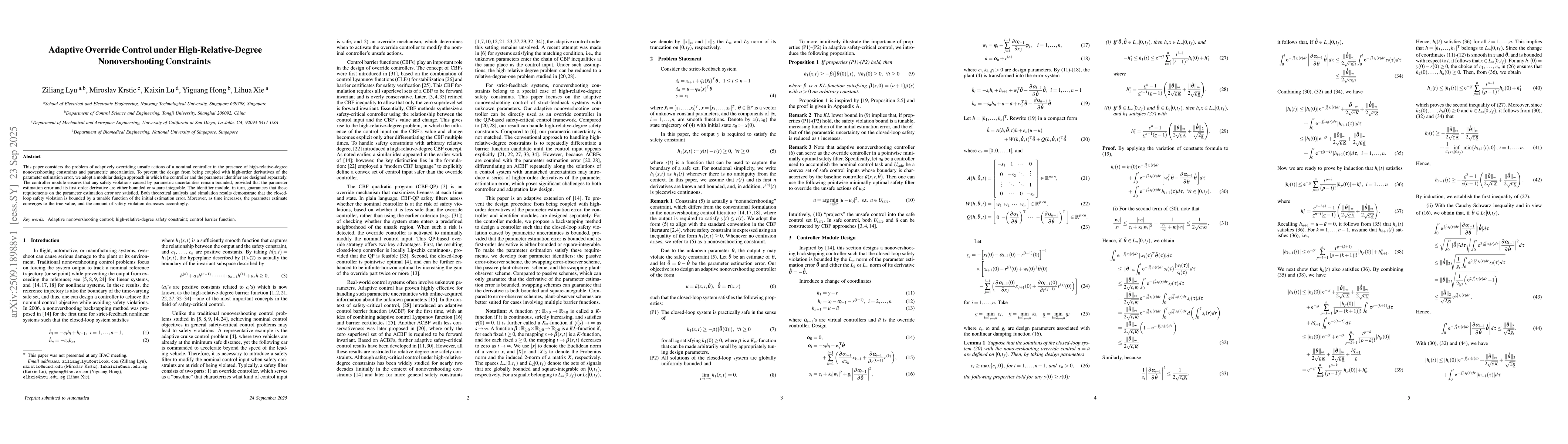 Thumbnail for Adaptive Override Control under High-Relative-Degree Nonovershooting
  Constraints