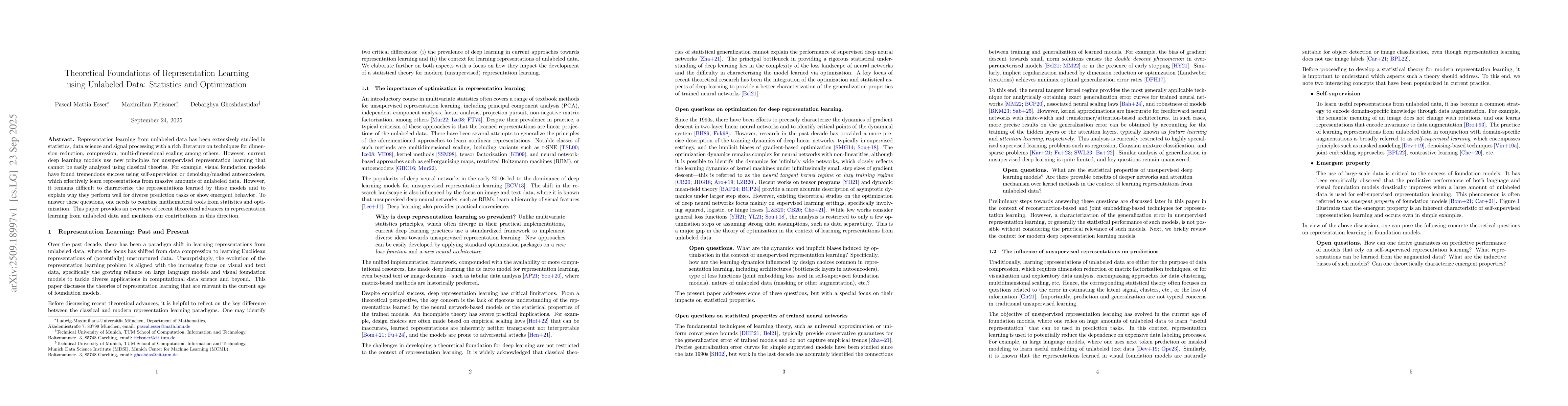 Thumbnail for Theoretical Foundations of Representation Learning using Unlabeled Data:
  Statistics and Optimization