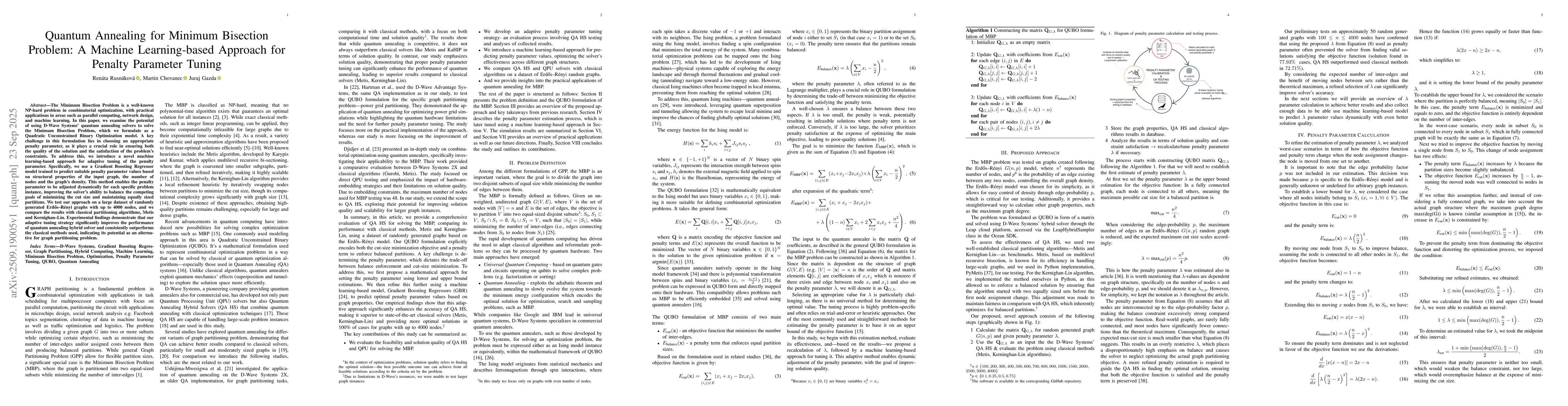Thumbnail for Quantum Annealing for Minimum Bisection Problem: A Machine
  Learning-based Approach for Penalty Parameter Tuning