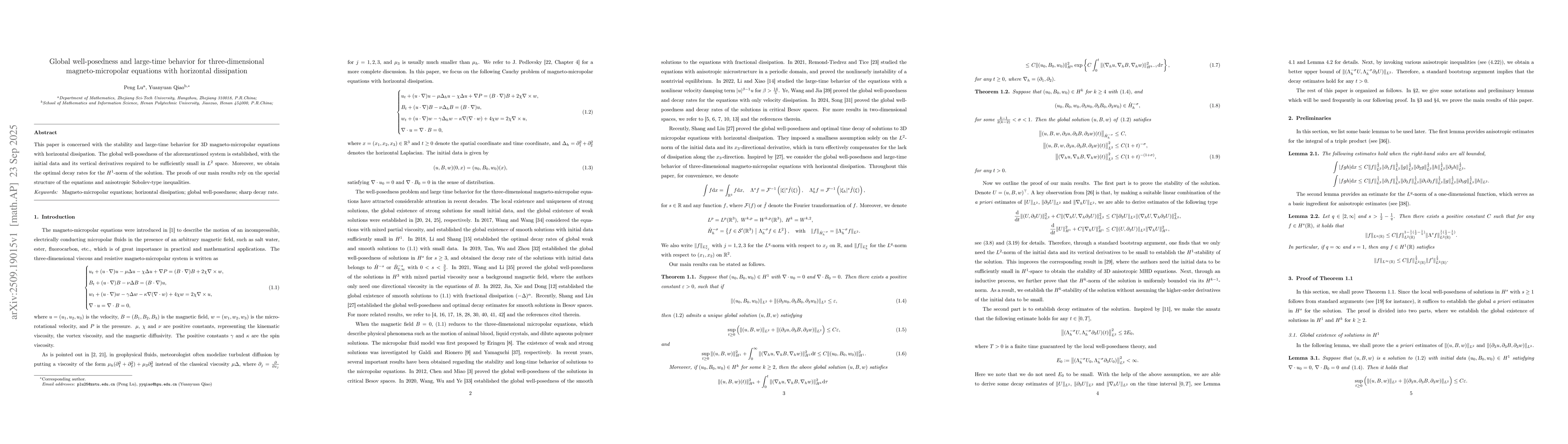 Thumbnail for Global well-posedness and large-time behavior for three-dimensional
  magneto-micropolar equations with horizontal dissipation
