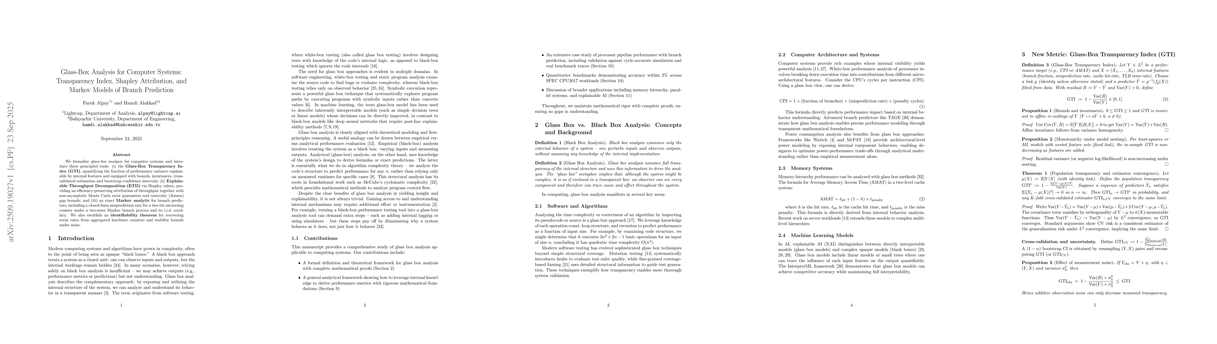 Thumbnail for Glass-Box Analysis for Computer Systems: Transparency Index, Shapley
  Attribution, and Markov Models of Branch Prediction