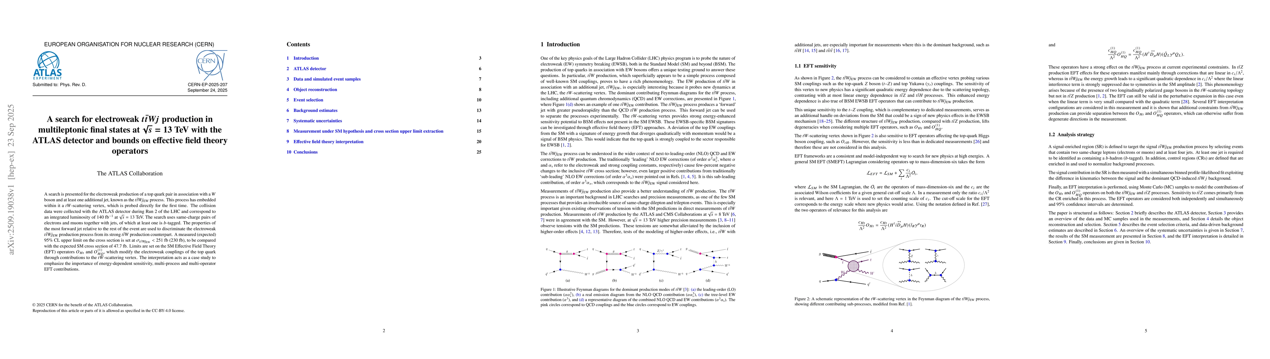 Thumbnail for A search for electroweak $t\bar{t}Wj$ production in multileptonic final
  states at $\sqrt{s} = 13$ TeV with the ATLAS detector and bounds on effective
  field theory operators