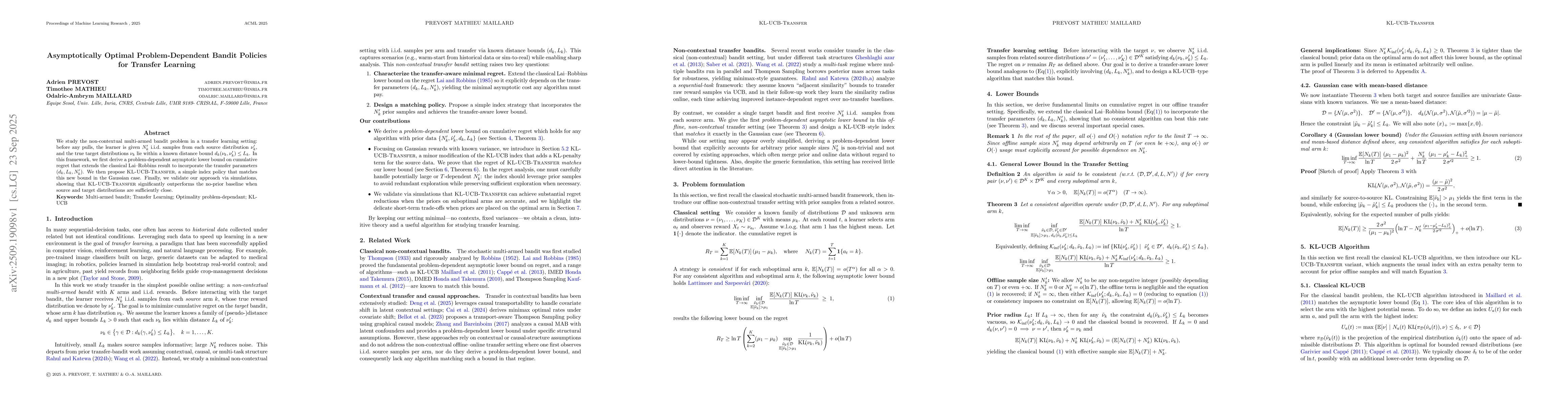 Thumbnail for Asymptotically Optimal Problem-Dependent Bandit Policies for Transfer
  Learning