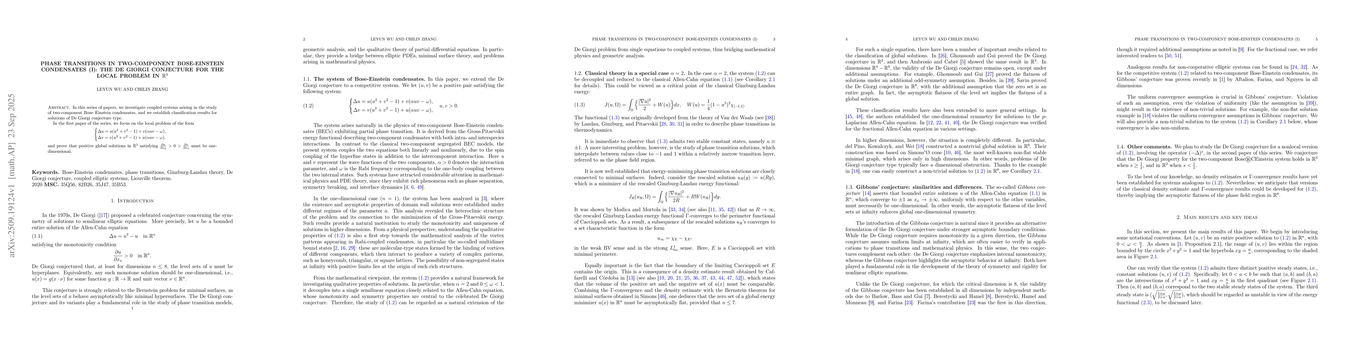 Thumbnail for Phase transitions in two-component Bose-Einstein condensates (I): The De
  Giorgi conjecture for the local problem in $\mathbb{R}^{3}$