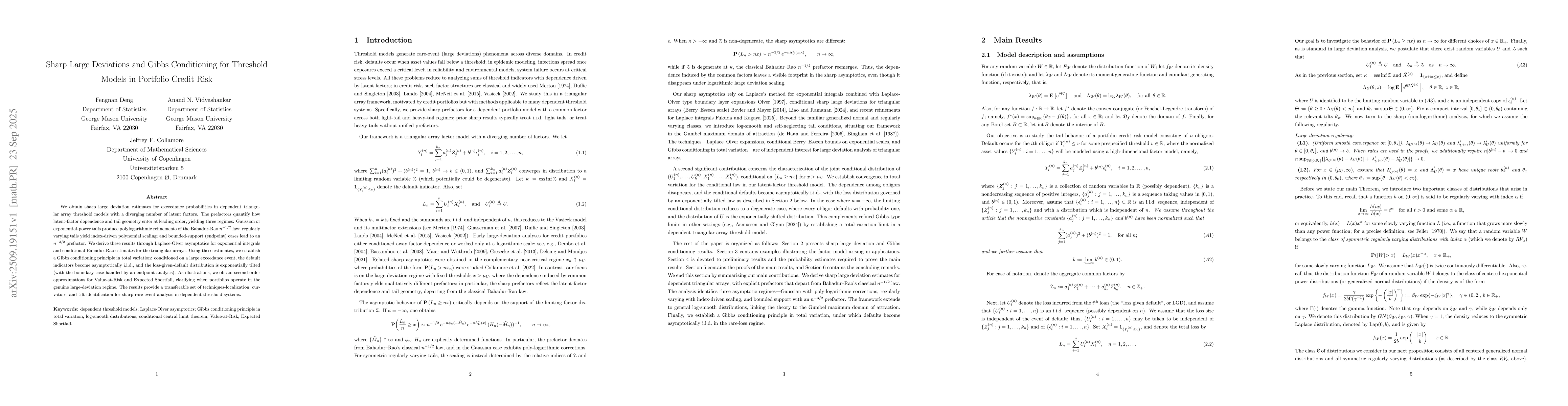 Thumbnail for Sharp Large Deviations and Gibbs Conditioning for Threshold Models in
  Portfolio Credit Risk